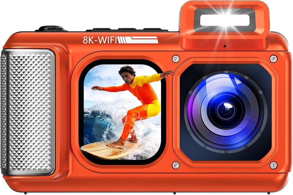 Maxmango V08 Pro 49FT Underwater Camera - 8K 90MP WiFi Waterproof Digital Camera with Touchscreen, Dustproof Shockproof Rugged Camera for Snorkeling, 64GB Point and Shoot Digital Digital Cam - Orange