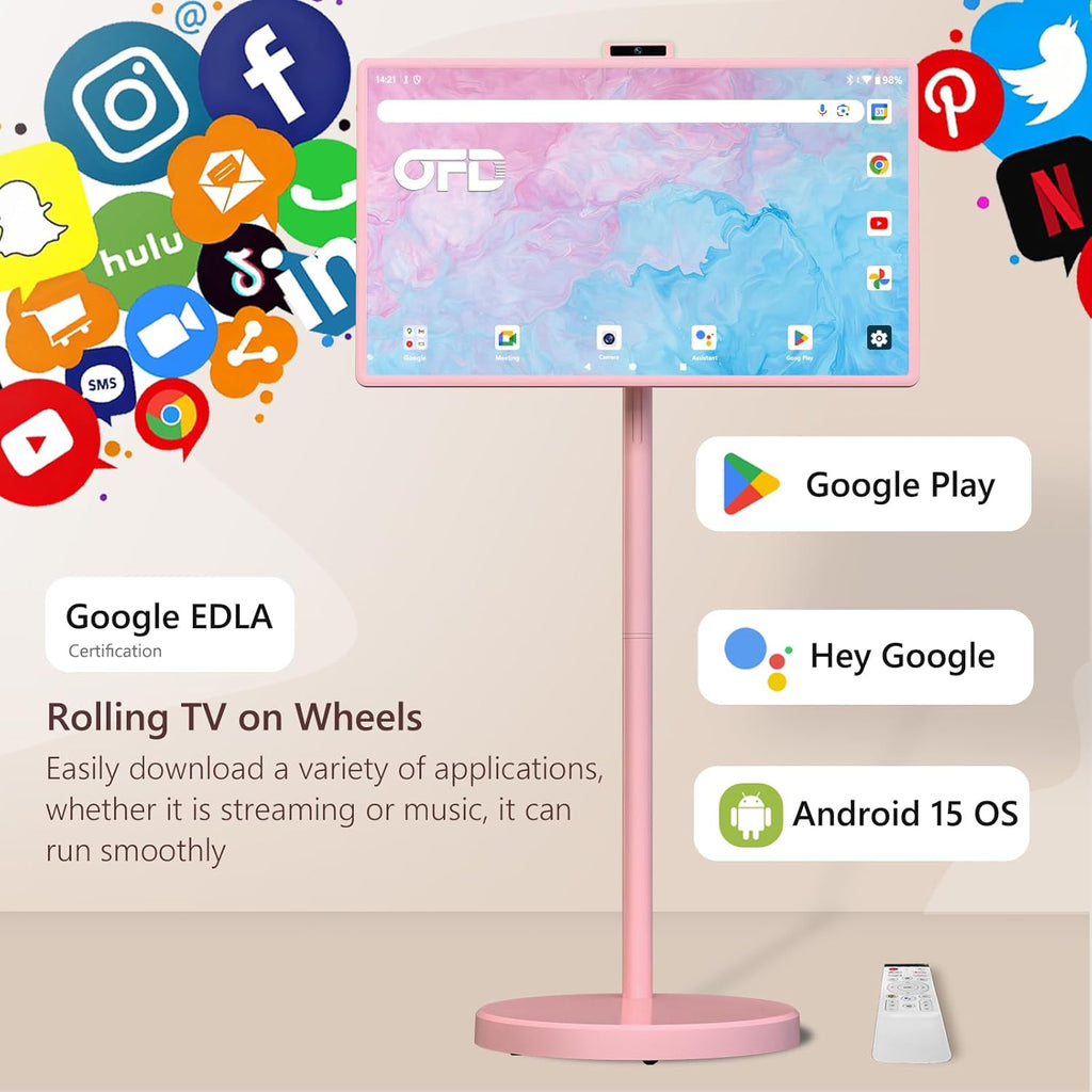 OFD 32" Portable TV on Wheels FHD,Android 15,EDLA-Certified,Rolling TV with 8+128GB ROM,Portable Touch Screen Monitor,Built-in Battery 6-8H Play Time,Voice Remote Control,8MP Webcam,Speaker,Rotatable