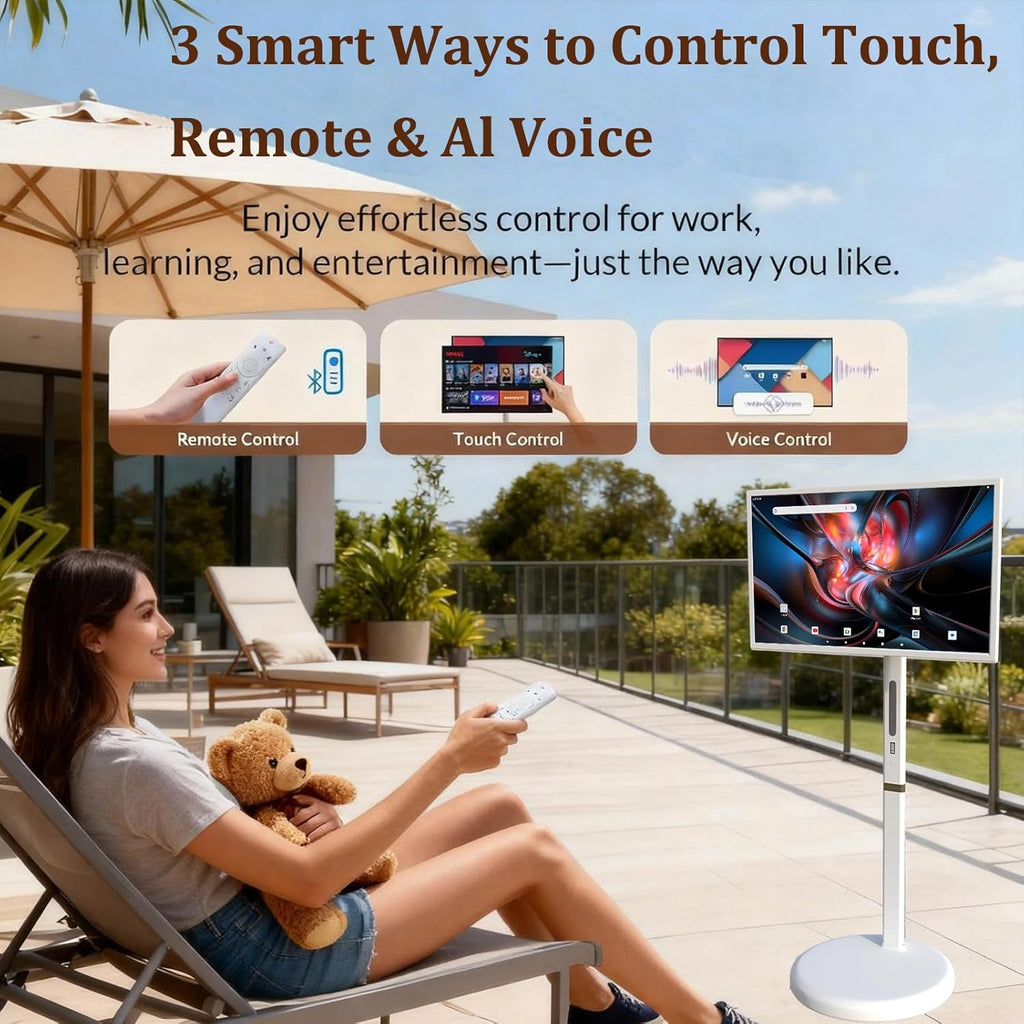 32 Inch UHD 4K Smart Portable TV on Wheels, 16GB+256GB Storage, Android 15 OS, Rolling TV with Rotatable Touch Screen, Built-in Battery, Voice Remote, Full Rotation Mobile TV for Home, Outdoors