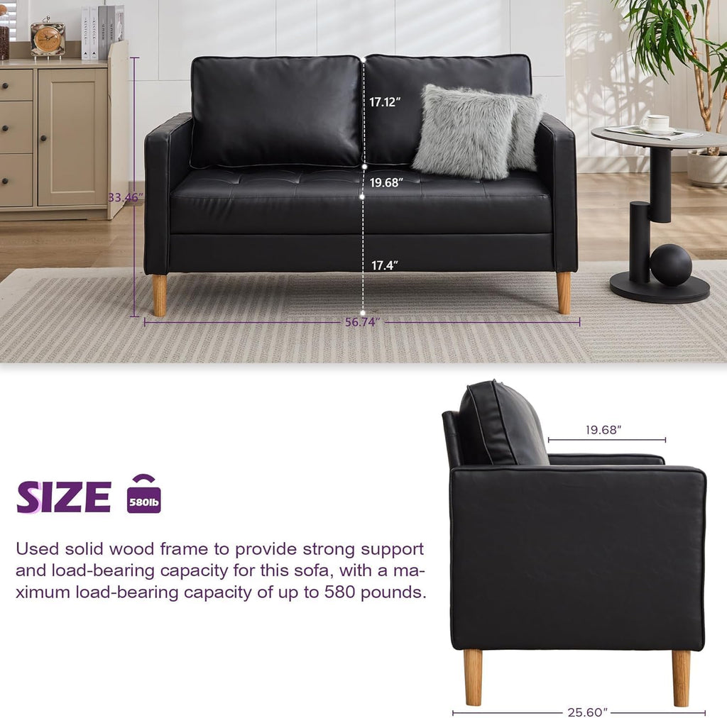 TYBOATLE 57" Small Black Faux Leather Sofa Couch, 3 Piece Living Room Set, Mid-Century Modern Tufted Comfy Loveseat, 2 Seater Office Couches Love Seat for Small Space Bedroom Drom Apartment Playroom