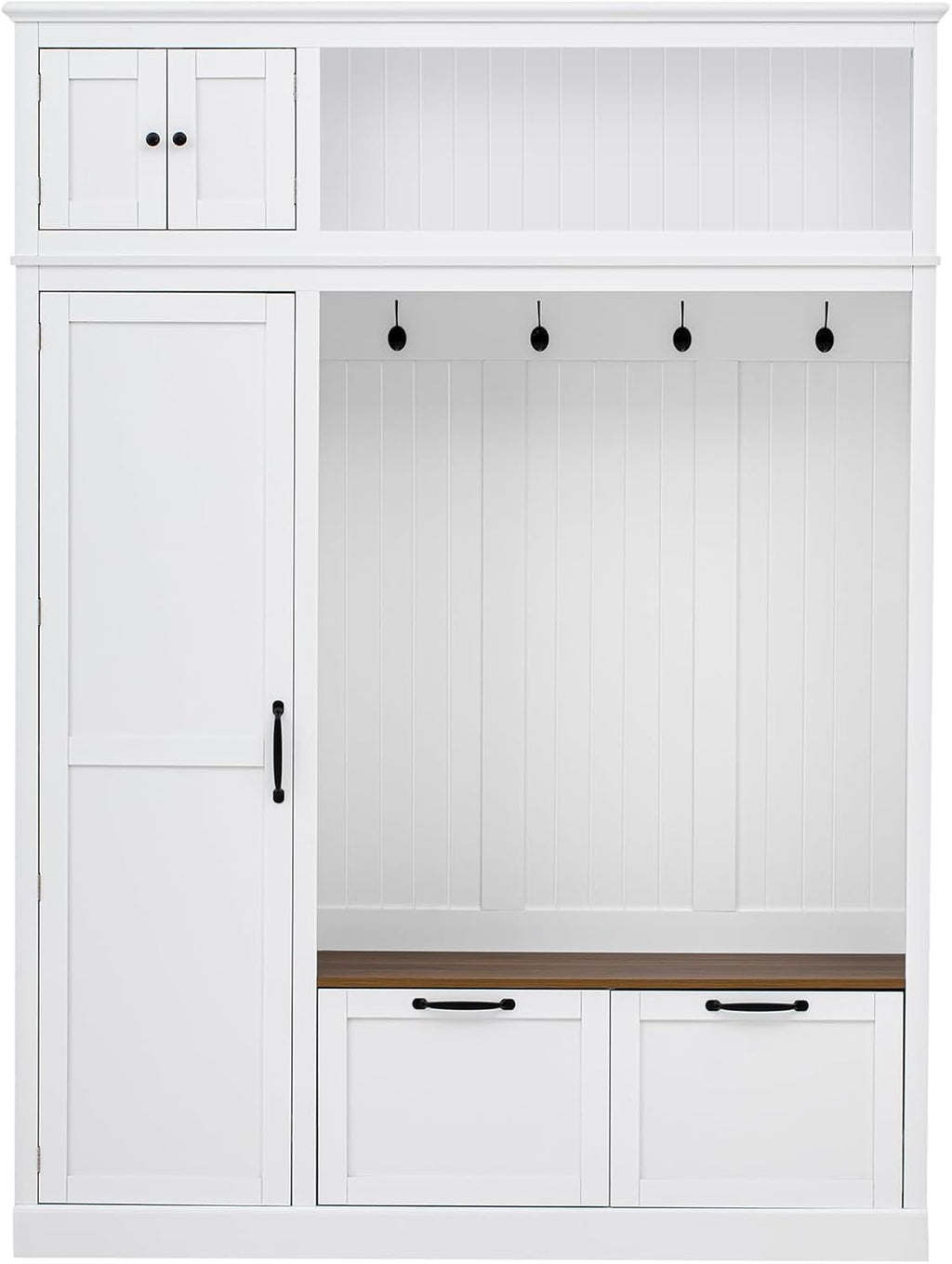 Merax 3-in-1 Hall Tree with Overhead Storage Cabinet, Adjustable Side Shelves,4 Hooks,2 Spacious Drawers,Grooved Back Panel Design, Contrasting Seat Bench,Multifunctional Entryway Organizer, White