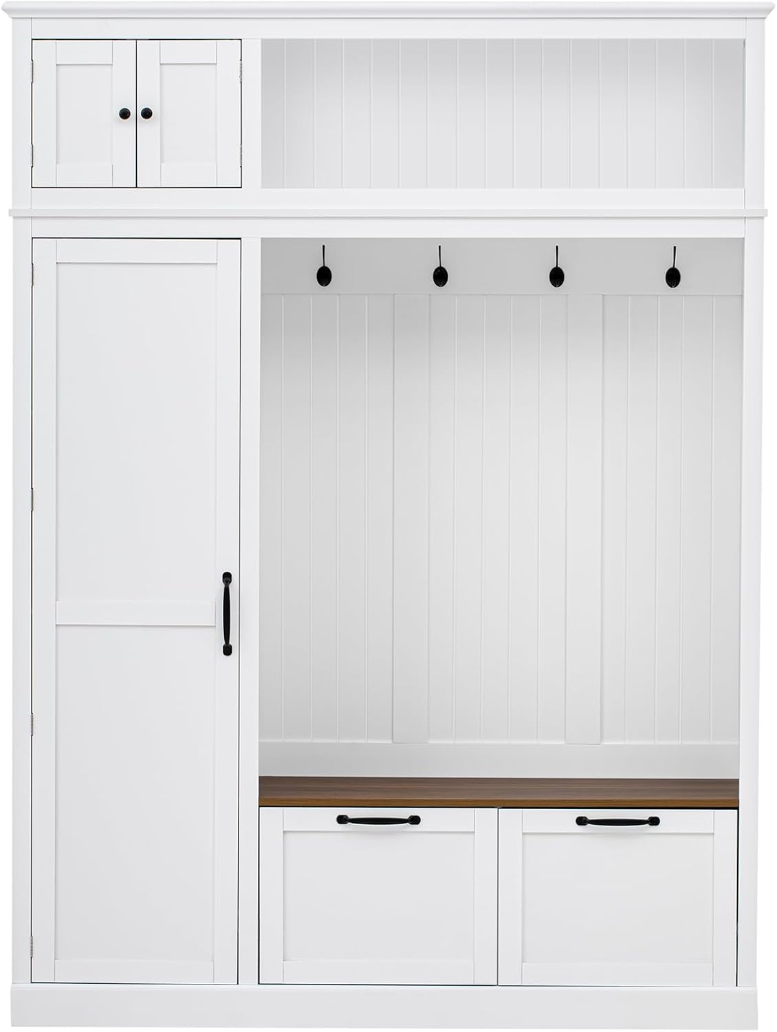 Merax 3-in-1 Hall Tree with Overhead Storage Cabinet, Adjustable Side Shelves,4 Hooks,2 Spacious Drawers,Grooved Back Panel Design, Contrasting Seat Bench,Multifunctional Entryway Organizer, White