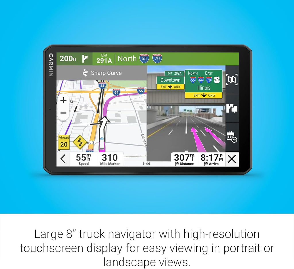 Garmin dēzl™ OTR820, Large High-Res 8” GPS Truck Navigator, Custom Routing, Satellite Imagery, Wind Speed, Community-Shared Loading Docks, Entrances and Parking, Dual-Orientation Display