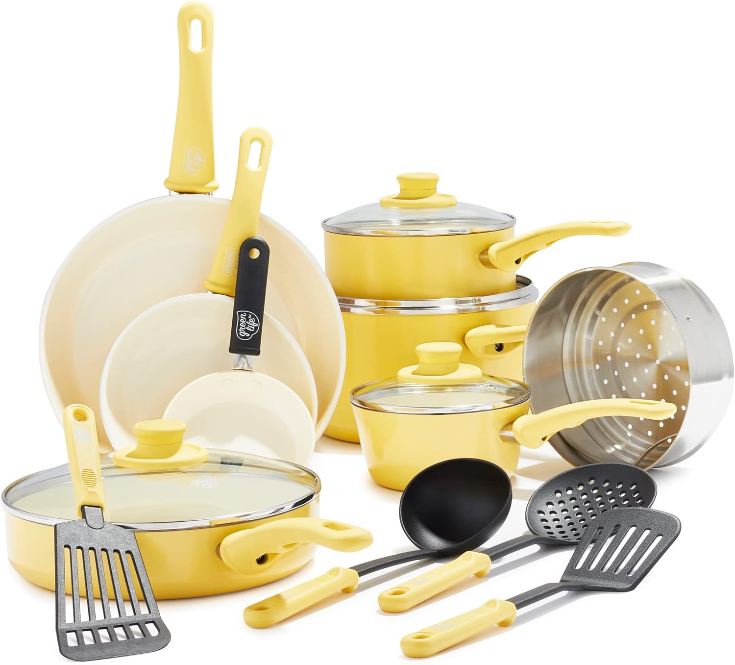 GreenLife 16 Piece Nonstick Cookware Set, Soft Grip Non-Toxic PFAS-Free Ceramic Pots & Pans, Dishwasher & Oven Safe, Frying, Sauce, Saute, Utensils, Glass Lids, Stay-Cool Handles, Wobble Free, Yellow