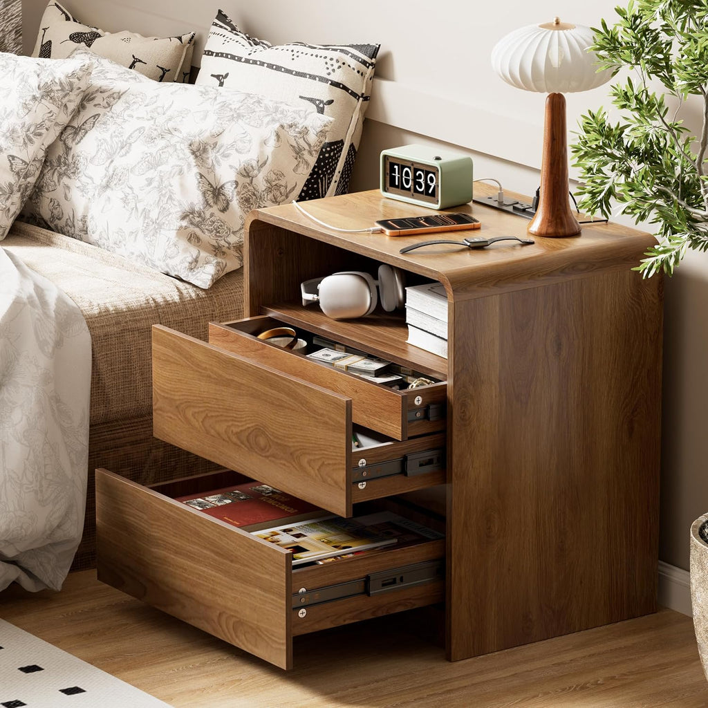 23.8" Modern Nightstand with Hidden Drawers Walnut Night Stand with Charger Station Mid Century Bedside Table Curved Wood Side Table for Bedroom Dorm