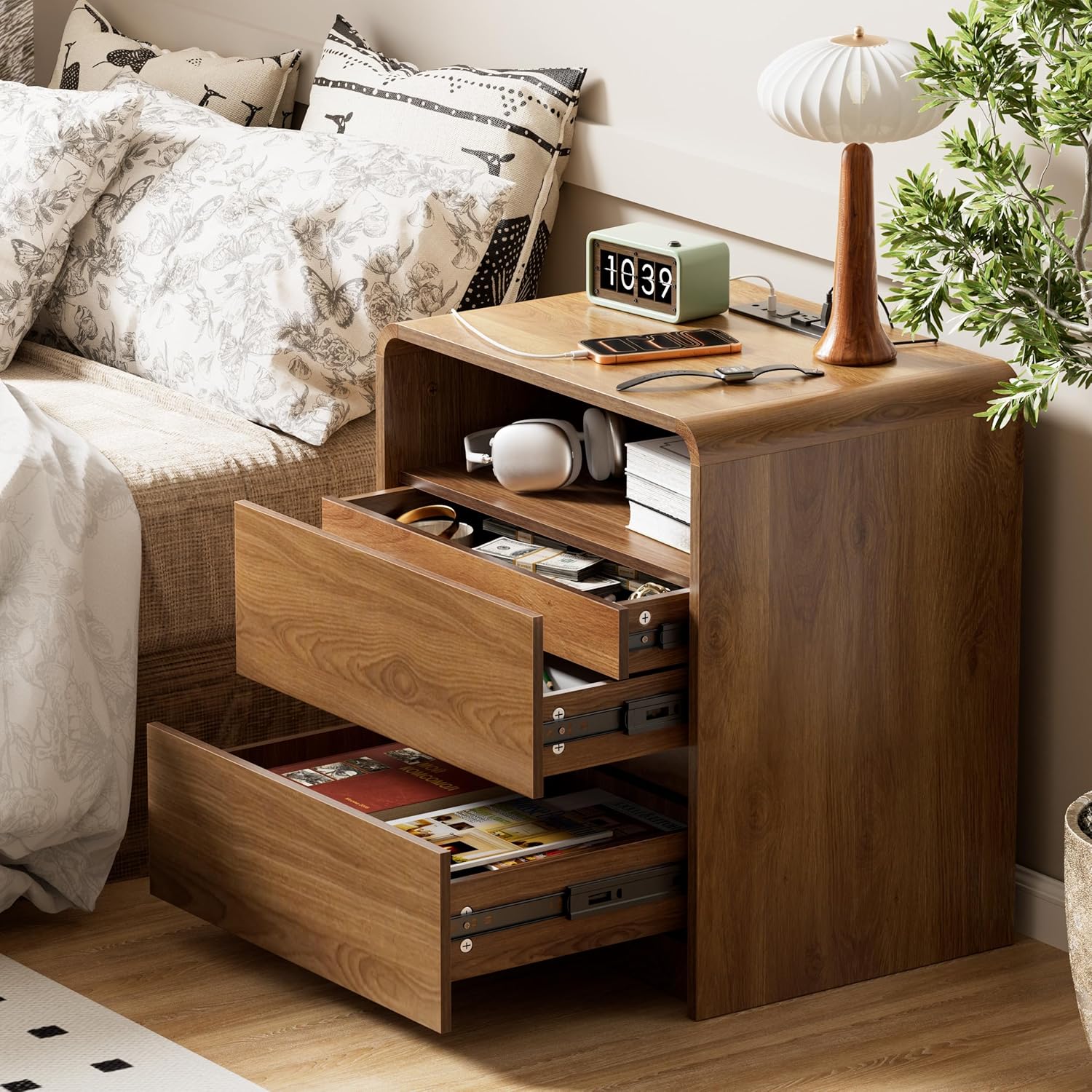 23.8" Modern Nightstand with Hidden Drawers Walnut Night Stand with Charger Station Mid Century Bedside Table Curved Wood Side Table for Bedroom Dorm