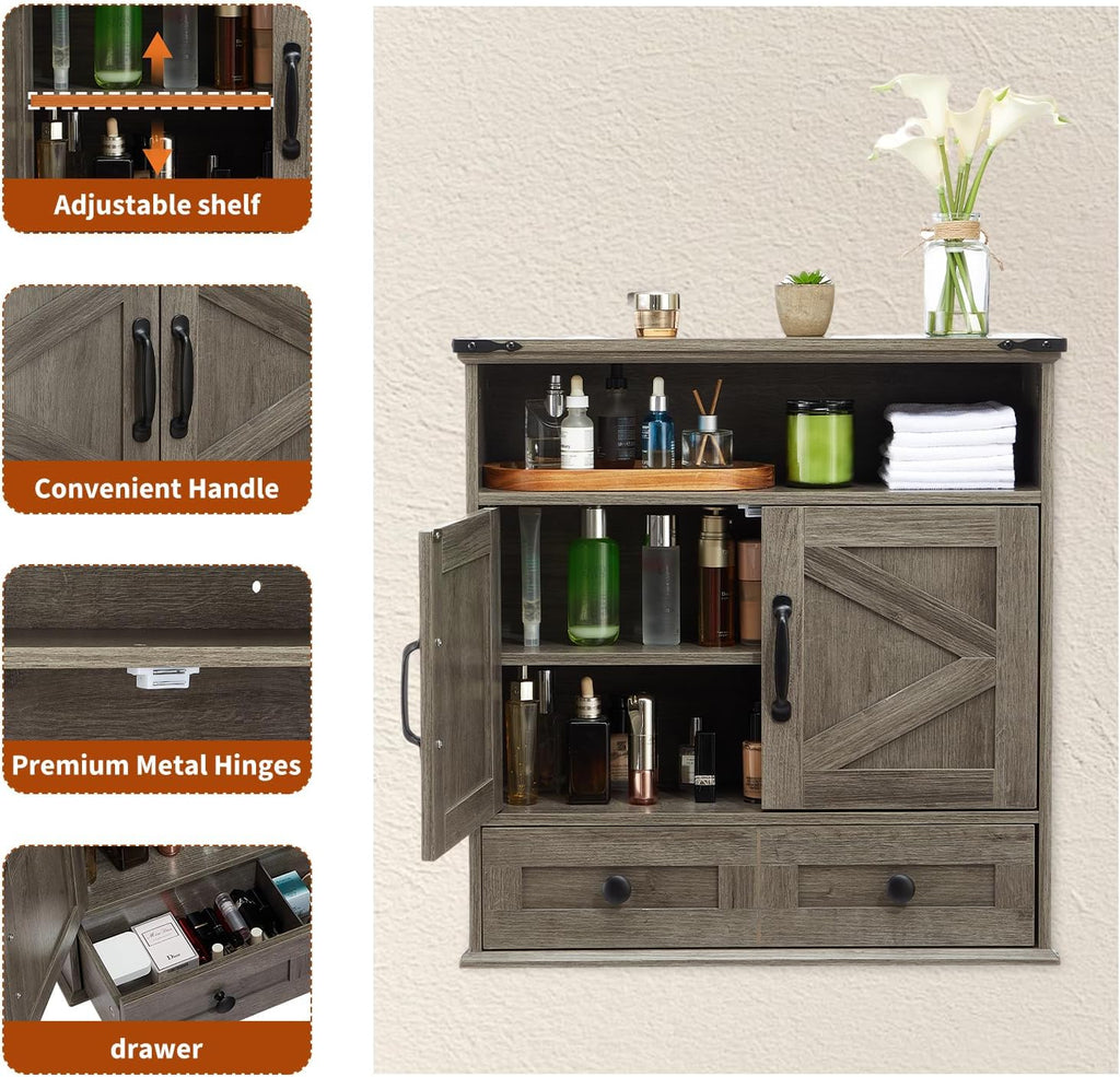 Wall Mounted Bathroom Cabinet with Barn Doors – 25" Wide Medicine Cabinet Over Toilet with Adjustable Shelf & Drawer, Hangging Storage Cabinet for Bathroom, Kitchen, Laundry, Entryway, Gray