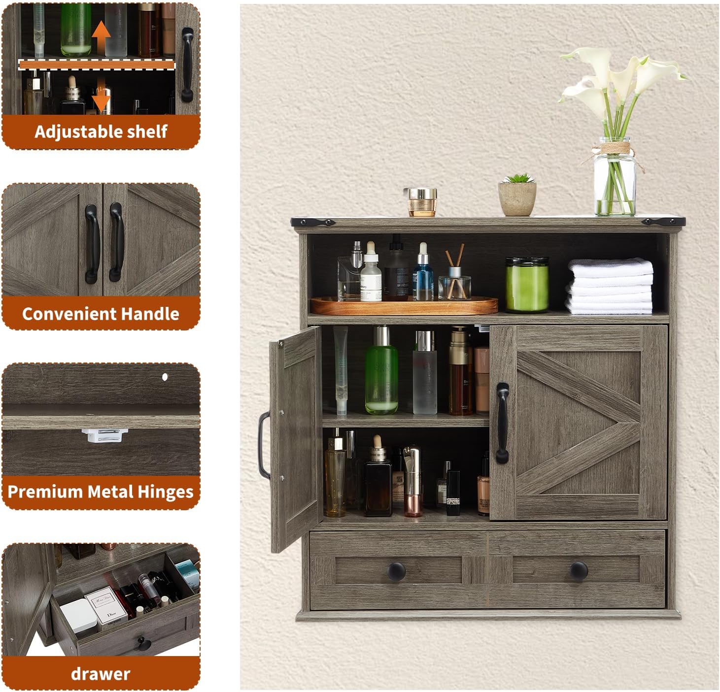 Wall Mounted Bathroom Cabinet with Barn Doors – 25" Wide Medicine Cabinet Over Toilet with Adjustable Shelf & Drawer, Hangging Storage Cabinet for Bathroom, Kitchen, Laundry, Entryway, Gray