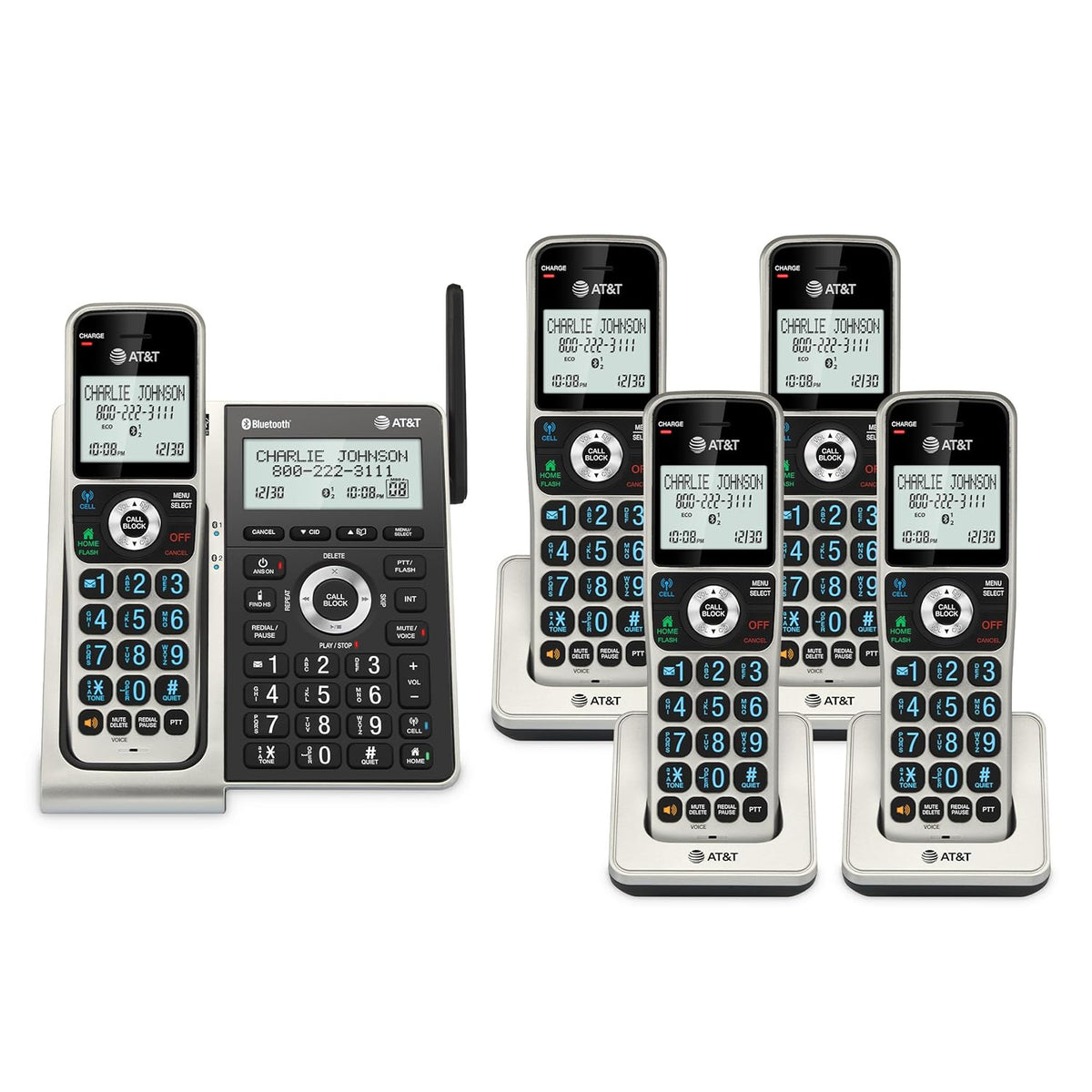 AT&T BL3107-5 DECT 6.0 5-Handset Cordless Phone with Bluetooth Connect to Cell, Smart Call Blocker, Digital Answering System, Extended Range, Big Buttons - Titanium Black