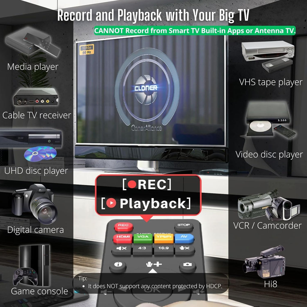 ClonerAlliance Box Pro, 1080p@60fps Video Recorder, DVR with HDMI Capture, Playback on TV. RCA/YPbPr/VGA to Digital Converter. Schedule Recording. No PC Required.