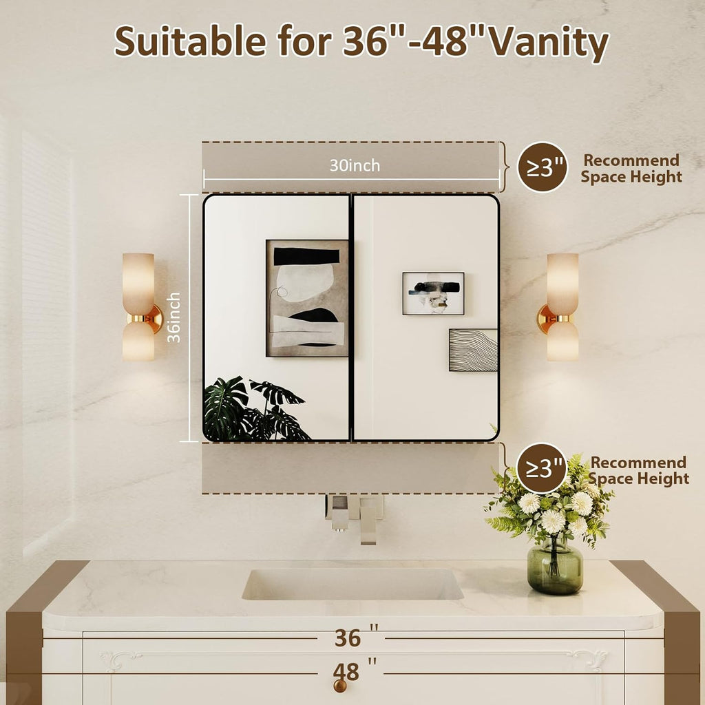 Medicine Cabinet Mirror 30x36 Inch, Double-Sided Bathroom Mirror Cabinet with Adjustable Glass Shelves, 2-Compartment Bathroom Mirror with Storage Recessed or Wall Mount
