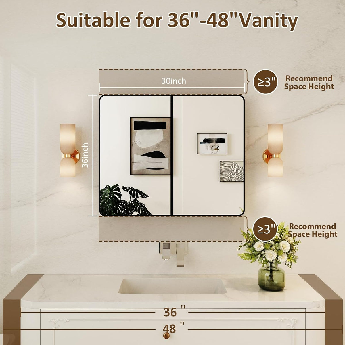 Medicine Cabinet Mirror 30x36 Inch, Double-Sided Bathroom Mirror Cabinet with Adjustable Glass Shelves, 2-Compartment Bathroom Mirror with Storage Recessed or Wall Mount