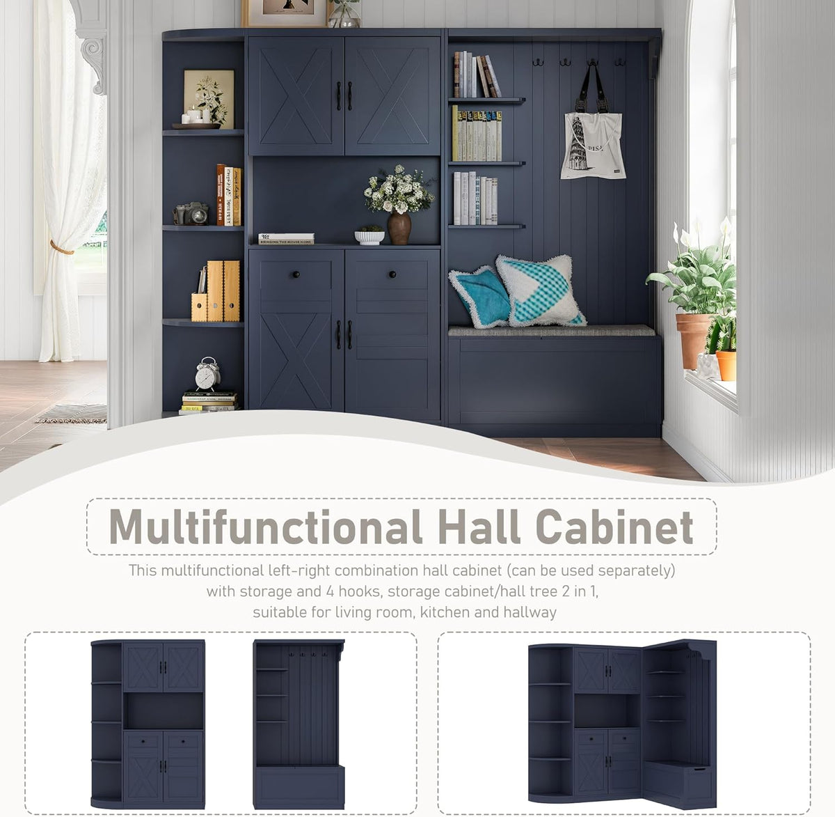 LUMISOL Wide Hall Tree with Storage and 4 Hooks, Left-Right Combination Hall Cabinet, Can Be Used Separately, Entryway Storage Cabinet with Bench, for Living Room Kitchen, Antique Blue
