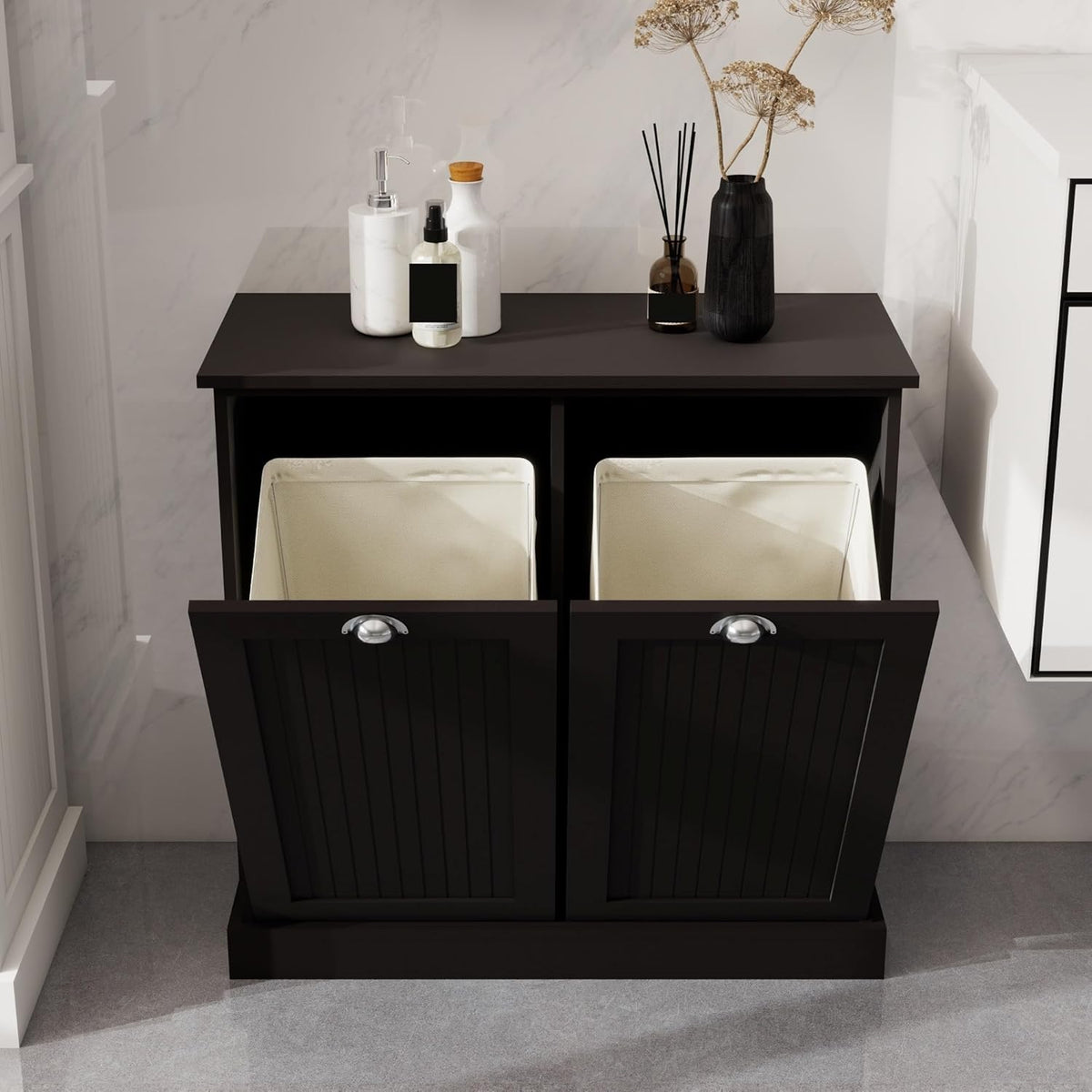 Contemporary Storage Cabinet, Two-Compartment Tilt-Out Laundry Sorter Cabinet, for Bathroom Hallway,for The Kitchen