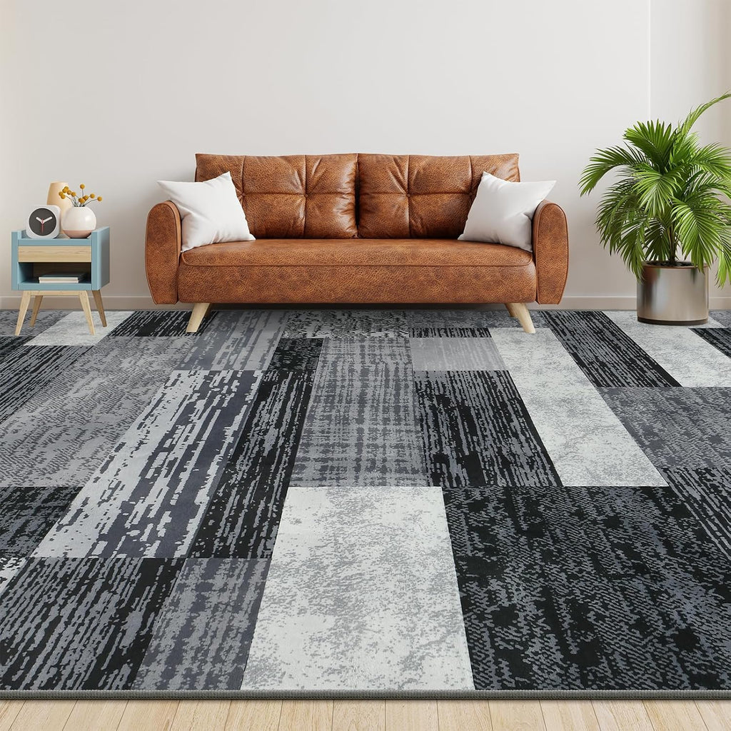 Large Area Rugs,Modern Geometric Patchwork Floor Decor for Bedroom Aesthetic Carpet, Rockwood Collection, Indoor Rugs for Living Room, Dining Room, Nursery, Office, Machine Washable Rug,9x12 Ft Grey