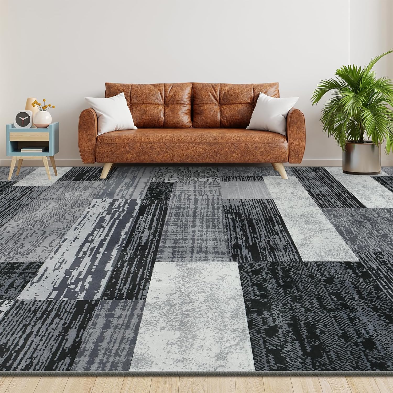 Large Area Rugs,Modern Geometric Patchwork Floor Decor for Bedroom Aesthetic Carpet, Rockwood Collection, Indoor Rugs for Living Room, Dining Room, Nursery, Office, Machine Washable Rug,9x12 Ft Grey