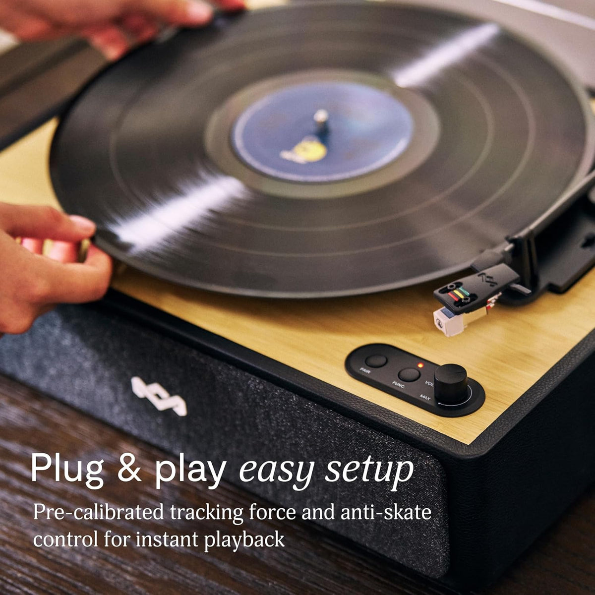 House of Marley Rise Up Bluetooth Turntable, Built-in Speakers, 2-Way Bluetooth, Audio Technica Stylus, Bamboo Finish, Recycled Felt Slipmat, Plug-and-Play with Dust Cover