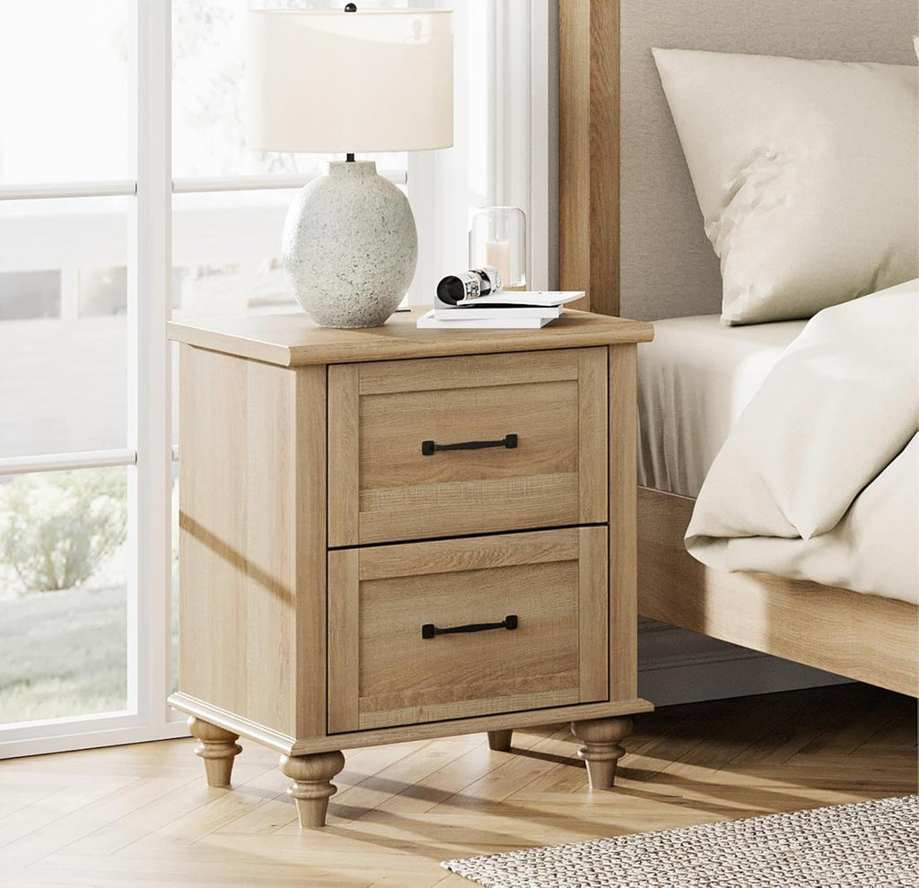 WAMPAT Nightstand Side Table with Charging Station, Light Wood End Table with 2 Drawers for Living Room, Farmhouse Night Stand Bedside Table for Bedroom, Oak