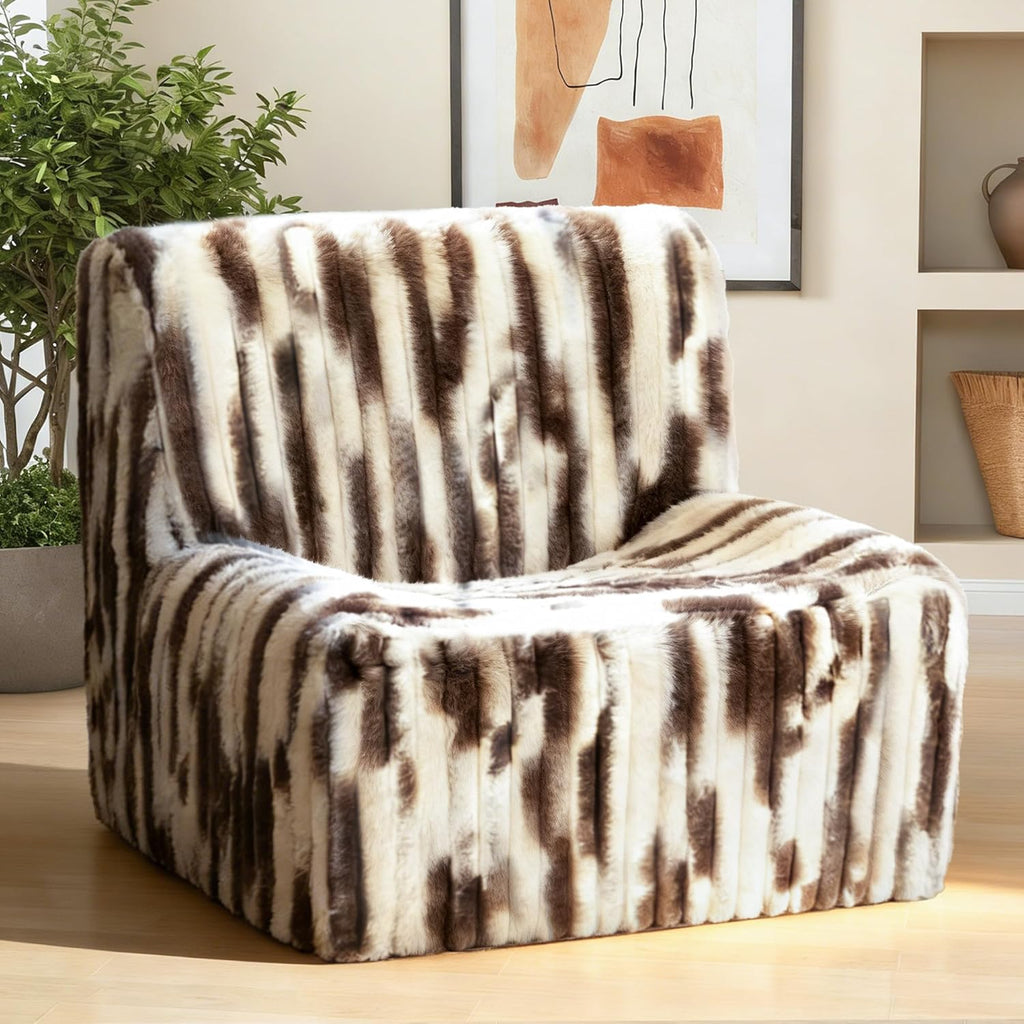Trenda 32'' Comfy Bedroom Chair for Adult, Boneless Space-Saving Accent Chairs with Spacious Seating, Soft Faux Fur, Ideal Floor Couch for Living Room,College, Dorm to Reading (White& Brown)