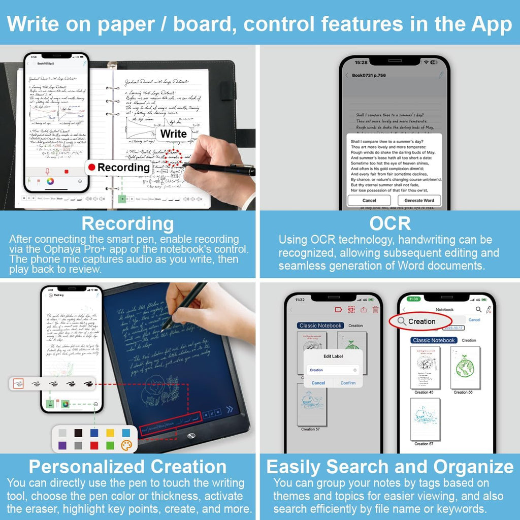 Ophayapen Smart Sync Pen for Note Taking with Notebook and Writing Board,Real-time Sync for Digitizing,Convert to Text,Storing,Sharing Paper Notes via APP on Smartphone & iPad (Android and iOS)