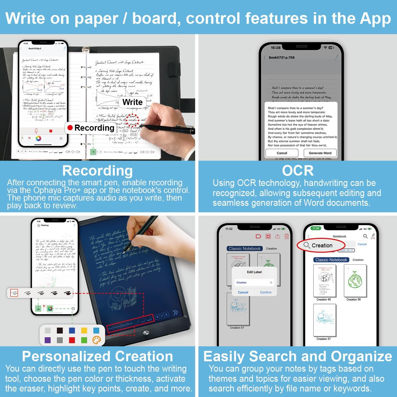 Ophayapen Smart Sync Pen for Note Taking with Notebook and Writing Board,Real-time Sync for Digitizing,Convert to Text,Storing,Sharing Paper Notes via APP on Smartphone & iPad (Android and iOS)