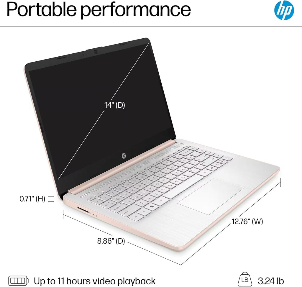 HP 14” Laptop Ultra-Portable Computer 2026 Student Business, MS Office, Copilot AI, Intel 4-Core CPU, 4GB RAM, 628GB Storage (128GB UFS+500GB Ext), Long Battery, MaxsolAccessory, Win 11 Pro, Rose Gold