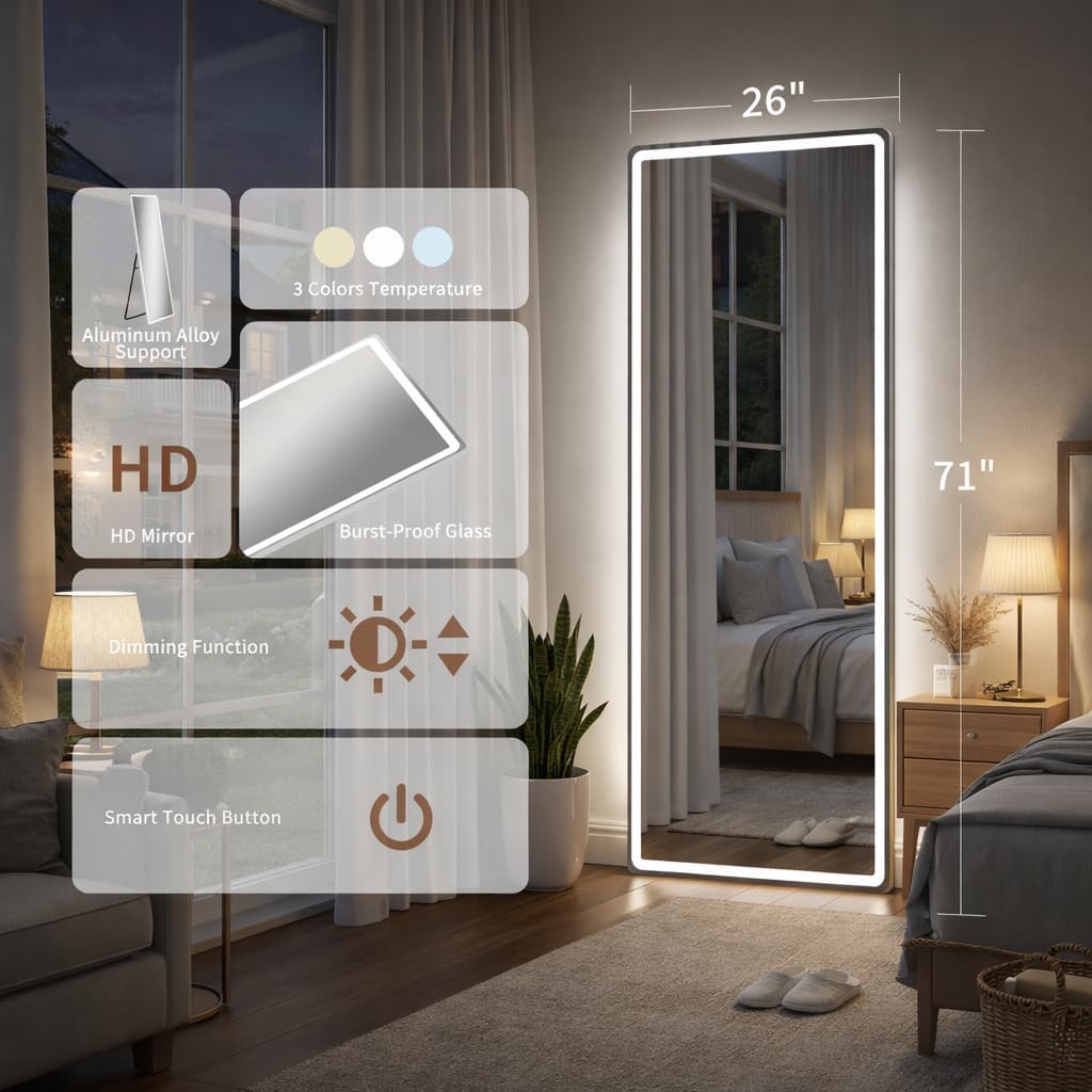 71" x 26" Arched Full Length Mirror with LED Lights, Floor Mirror with Stand, Wall Mirror Full Length, Body Floor Mirror, Wall Mounted Mirror for Bedroom, Dimmable, Tempered Glass