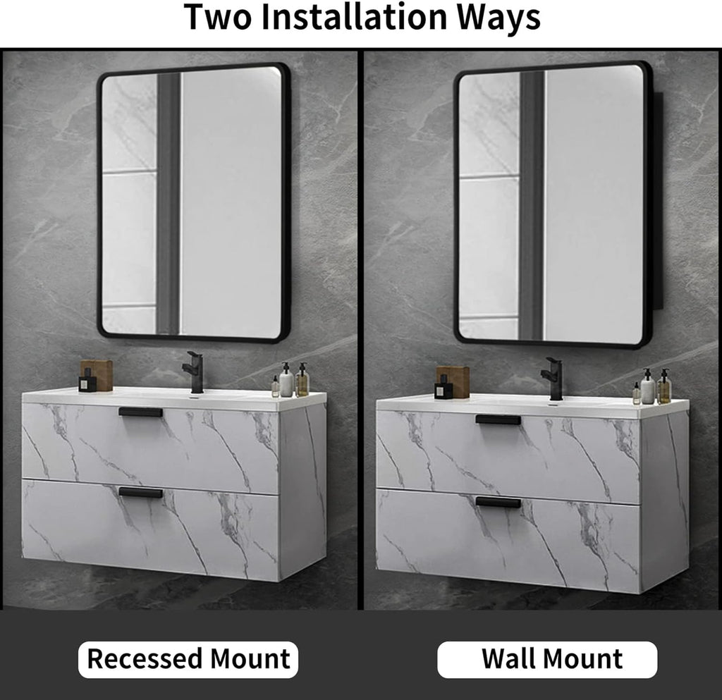 Movo Black Metal Framed Bathroom Mirror Medicine Cabinet,30 Inch x 24 Inch Recessed Wall Mounted Medicine Cabinet with Mirror,Aluminum Storage Cabinet for Bathroom Vanity