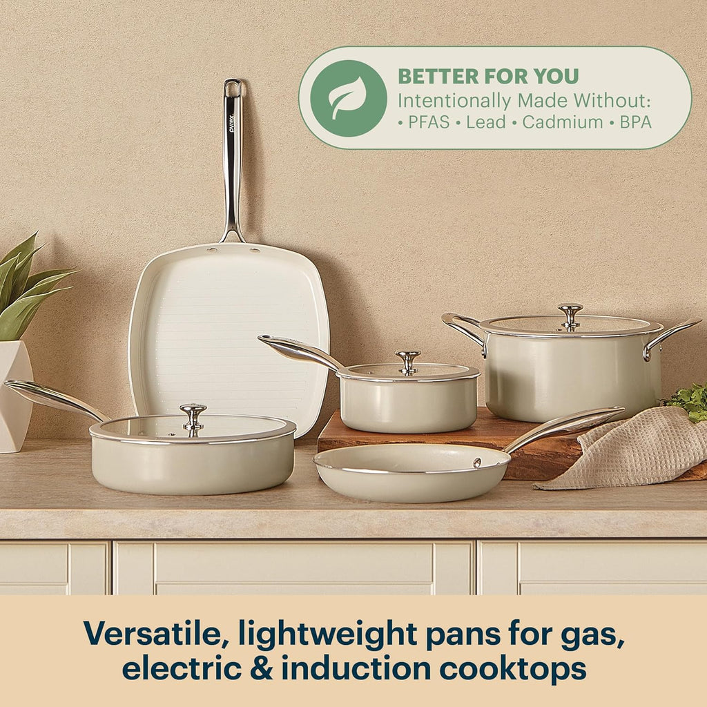 Pyrex 8-Piece Ceramic Cookware Set, Pots and Pans with Lids & Stainless Steel Handles, Healthy Nonstick Ceramic Coating, Induction Compatible Stainless Steel, PFAS Lead Cadmium BPA Free