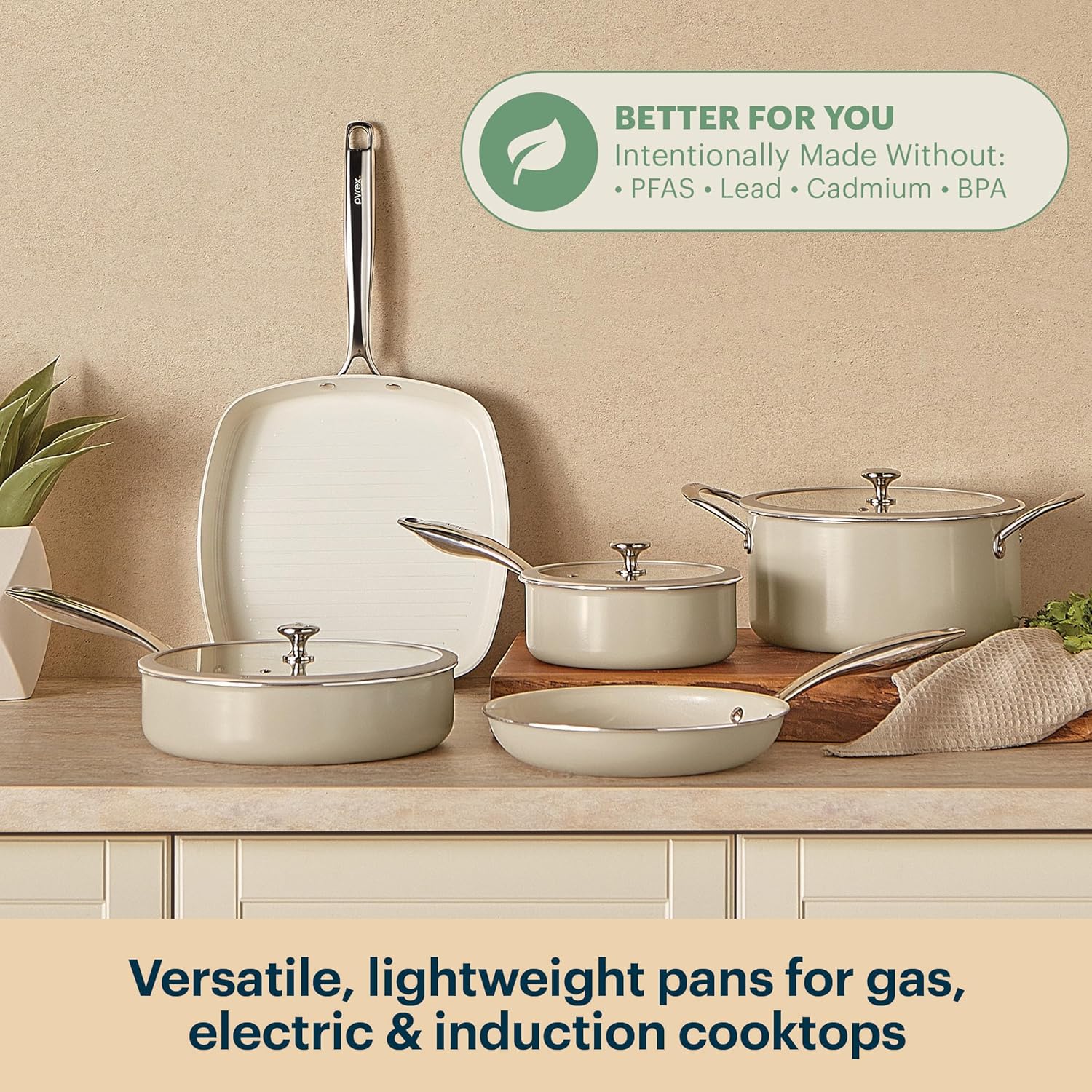 Pyrex 8-Piece Ceramic Cookware Set, Pots and Pans with Lids & Stainless Steel Handles, Healthy Nonstick Ceramic Coating, Induction Compatible Stainless Steel, PFAS Lead Cadmium BPA Free