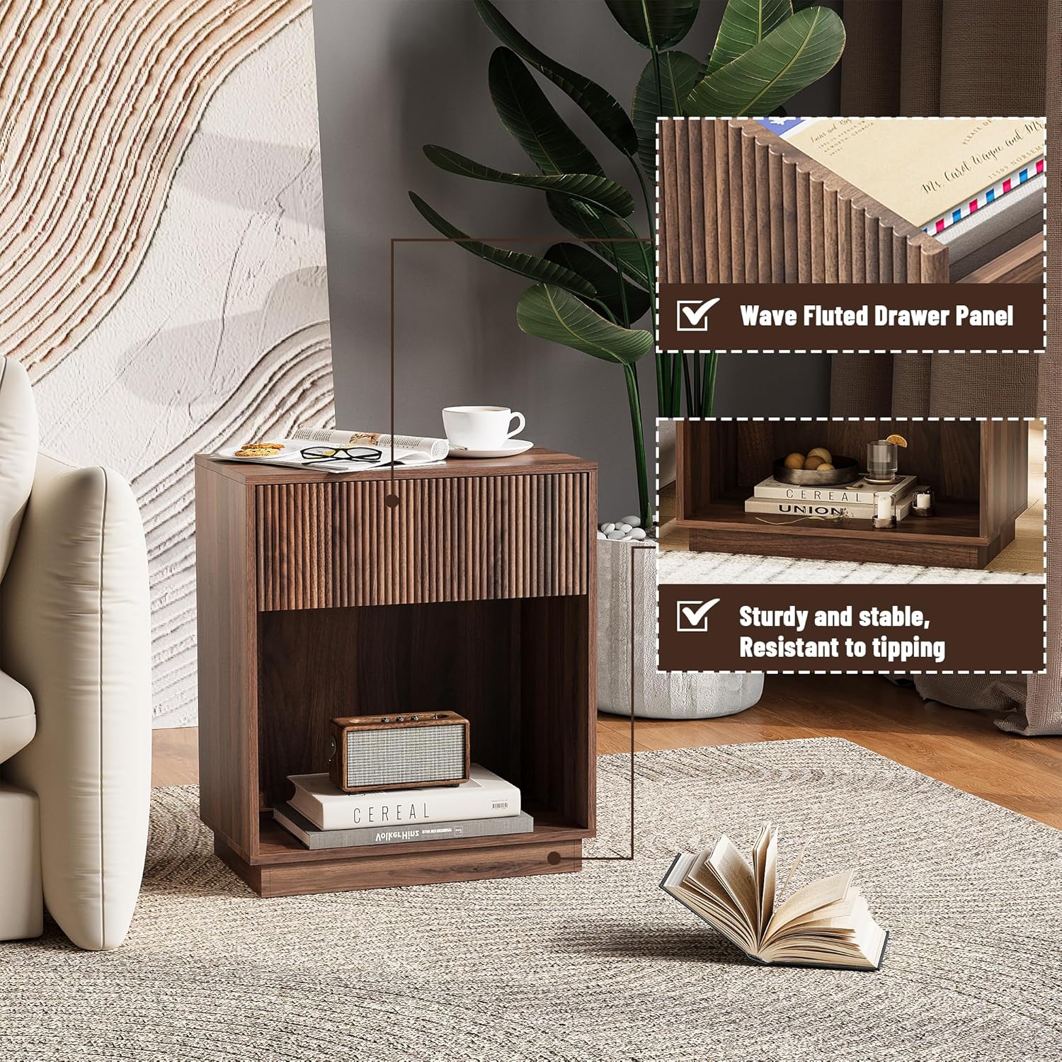 Fluted Nightstands Set of 2, Modern Bedside Table with Storage Drawer and Open Wood Shelf, Wood End Table Mid Century Night Stands for Bedroom Living Room Sofa Couch Office Walnut Brown