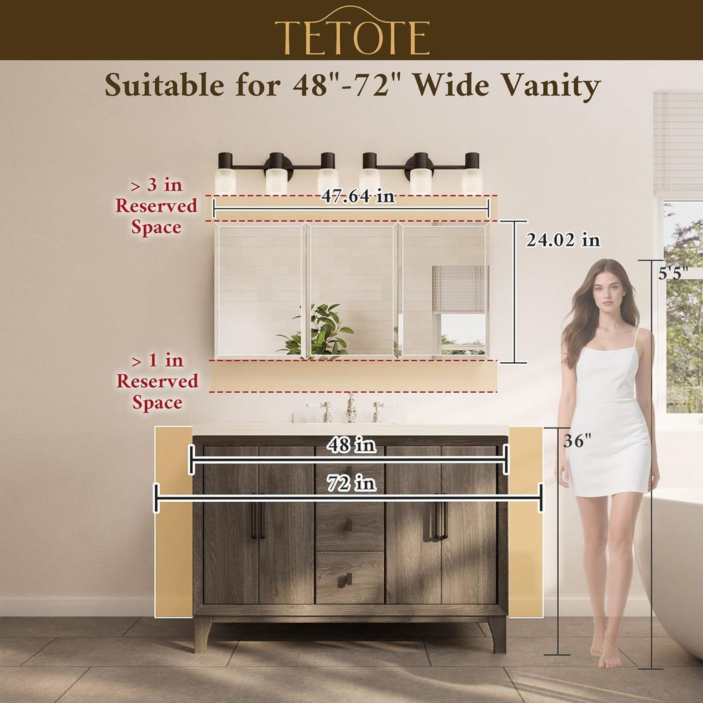 TETOTE 48 x 24 Medicine Cabinet with Tempered Beveled MirrorSilverMedicine Cabinet Mirror Aluminum Cabinet DTC Hinges, Stepless Adjustable Shelves, Recessed/Surface-Mounted