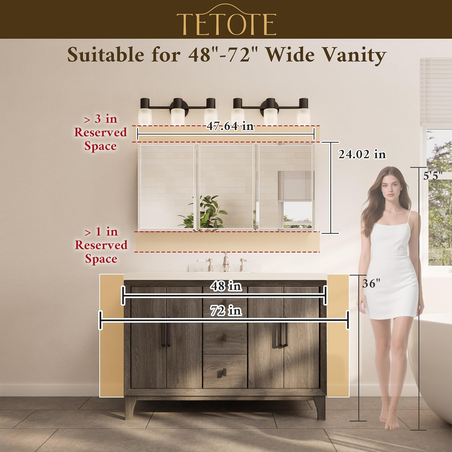 TETOTE 48 x 24 Medicine Cabinet with Tempered Beveled MirrorSilverMedicine Cabinet Mirror Aluminum Cabinet DTC Hinges, Stepless Adjustable Shelves, Recessed/Surface-Mounted