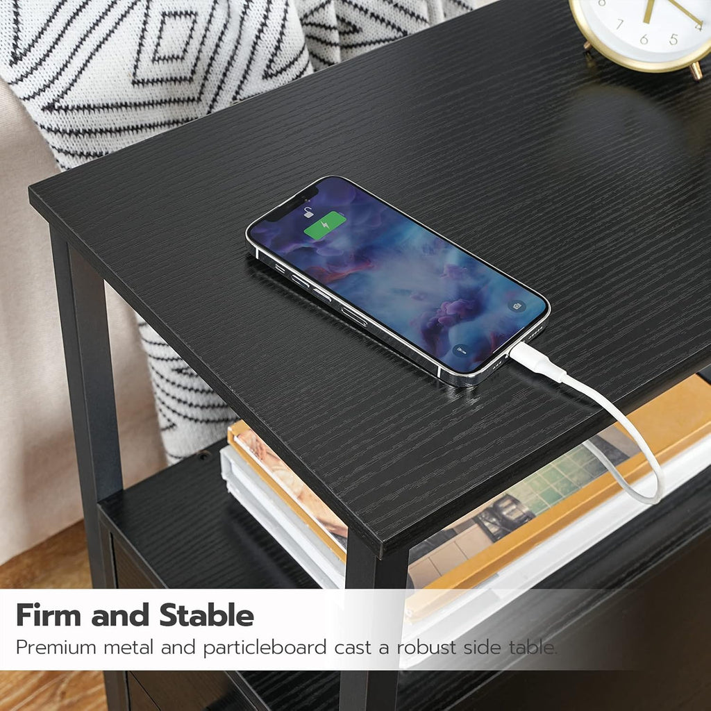 HOOBRO Set of 2 End Tables with Charging Station, Narrow Side Table with Drawers & USB Port & Power Outlets, Nightstand for Small Spaces, Living Room, Stable and Sturdy, Black BK541BZP201