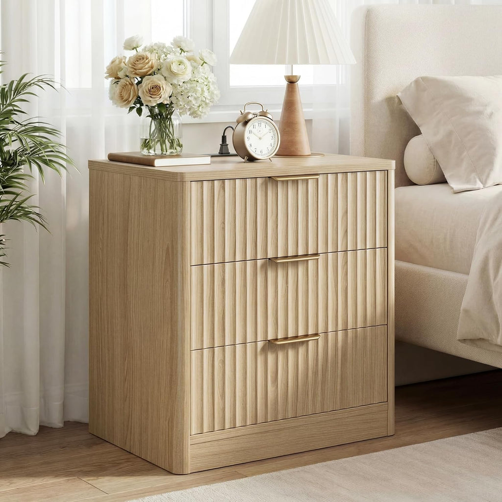 IRONCK Fluted Night Stand Set of 2, 22" Modern Nightstand with Charging Station & 3 Drawers, Bedside Table for Bedroom, Natural Oak