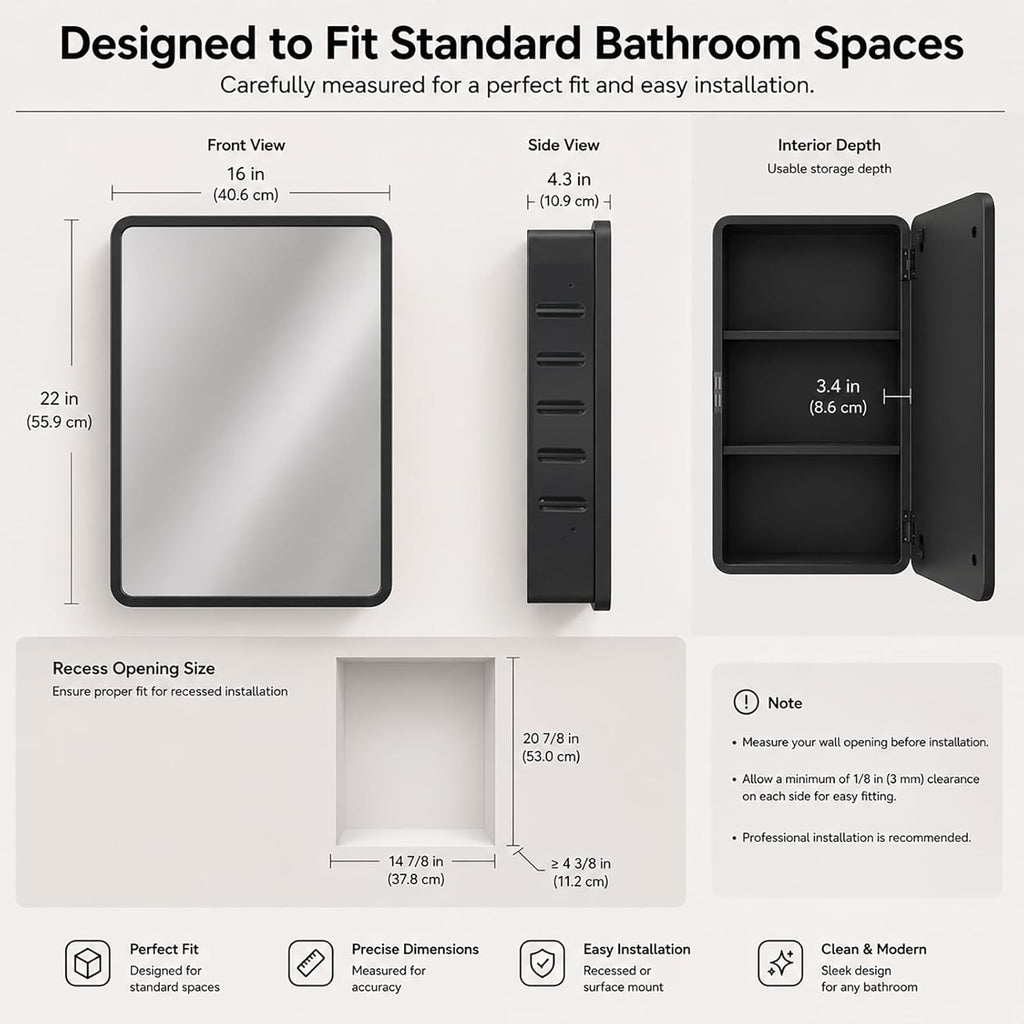Medicine Cabinet with Mirror, 16x22 inch Black Recessed Medicine Cabinet or Surface Wall Mount Bathroom Cabinets with Adjustable Shelves Metal Framed Mirror, Rounded Rectangle Storage Cabinet