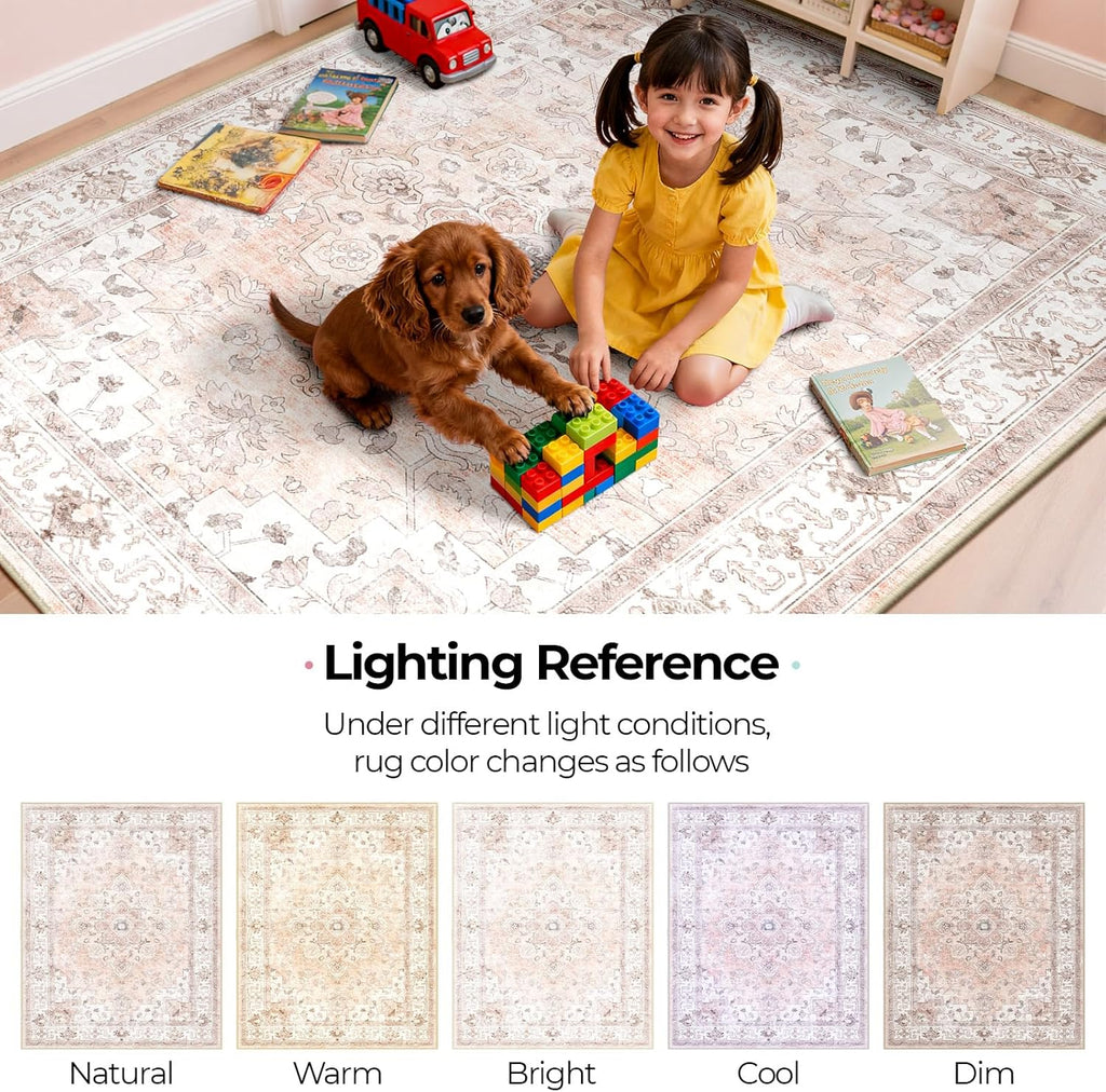 CAPALOCA Machine Washable Rugs Nursery Rug 8x10 Cute Girl Non Slip Low Pile Water Repellent Soft Print Pattern for Bedroom Indoor Decor Kids Playroom Pink