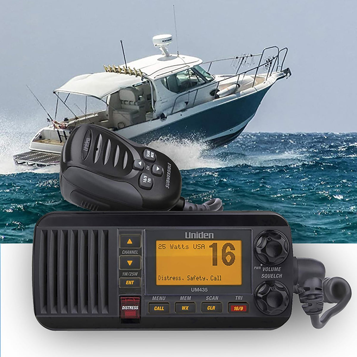 Uniden UM435BK Advanced Fixed Mount VHF Marine Radio, All USA/International/Canadian Marine Channels including new 4-Digit, CDN “B” Channels, 1 Watt/25 Watt Power, Waterproof IPX8 Submersible, Black