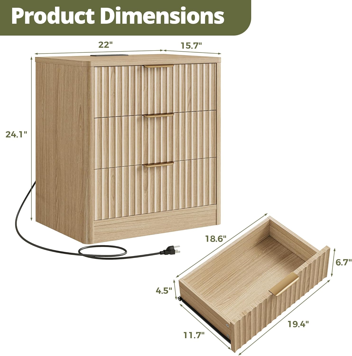 IRONCK Fluted Night Stand Set of 2, 22" Modern Nightstand with Charging Station & 3 Drawers, Bedside Table for Bedroom, Natural Oak