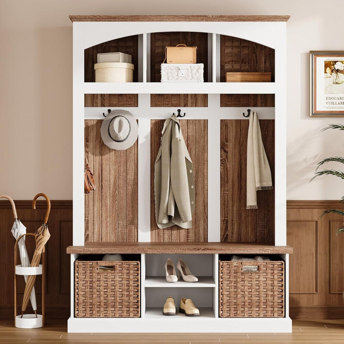 FUFU&GAGA Hall Tree with Bench and Shoe Storage, Entryway Bench with 5 Hooks, Farmhouse Arch Coat Rack with 2 Basket Drawers, Shelves for Mudroom Hallway, White & Brown, 47.2”W x 15.7”D x 66.9”H