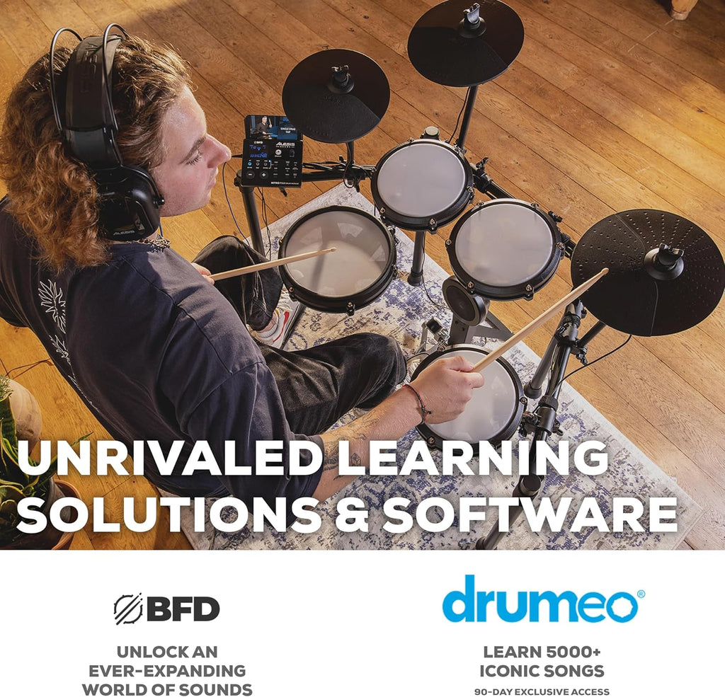 Alesis Nitro Max Kit Compact Electric Drum Kit with Quiet Mesh Pads, 10" Dual-Zone Snare, Bluetooth, 440+ BFD Sounds, Drumeo, USB MIDI, Kick Pedal