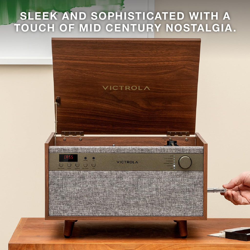 Victrola Century 6-in-1 Vinyl Record Player & Music Center – 3-Speed Turntable, CD & Cassette Player, VINYLSTREAM, Bluetooth & 3.5mm Aux, Record Player with Speakers, Mid Century Design (Walnut)