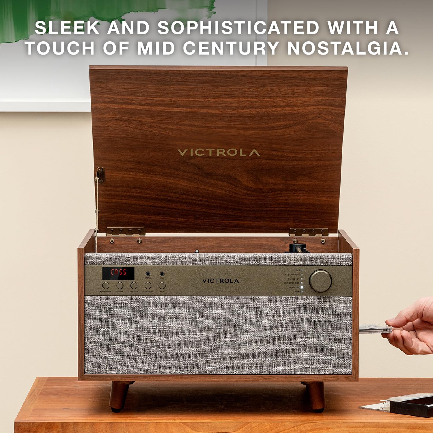 Victrola Century 6-in-1 Vinyl Record Player & Music Center – 3-Speed Turntable, CD & Cassette Player, VINYLSTREAM, Bluetooth & 3.5mm Aux, Record Player with Speakers, Mid Century Design (Walnut)