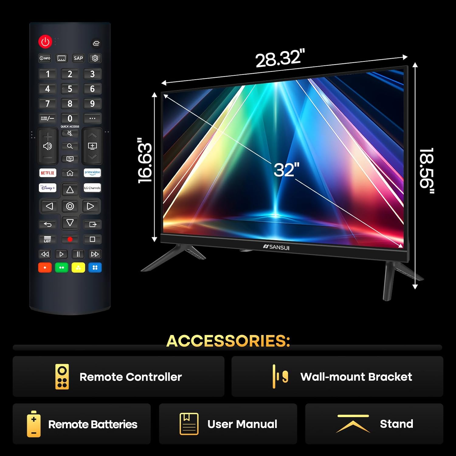SANSUI 32 inch FHD Smart WebOS TV | Frameless Screen with chromecast Built in | 4000:1 Contrast Ratio|WebOS Hub with 2×8W Speakers & Apple HomeKit & Live TV| Support Airplay & WiFi & Bluetooth 5.2