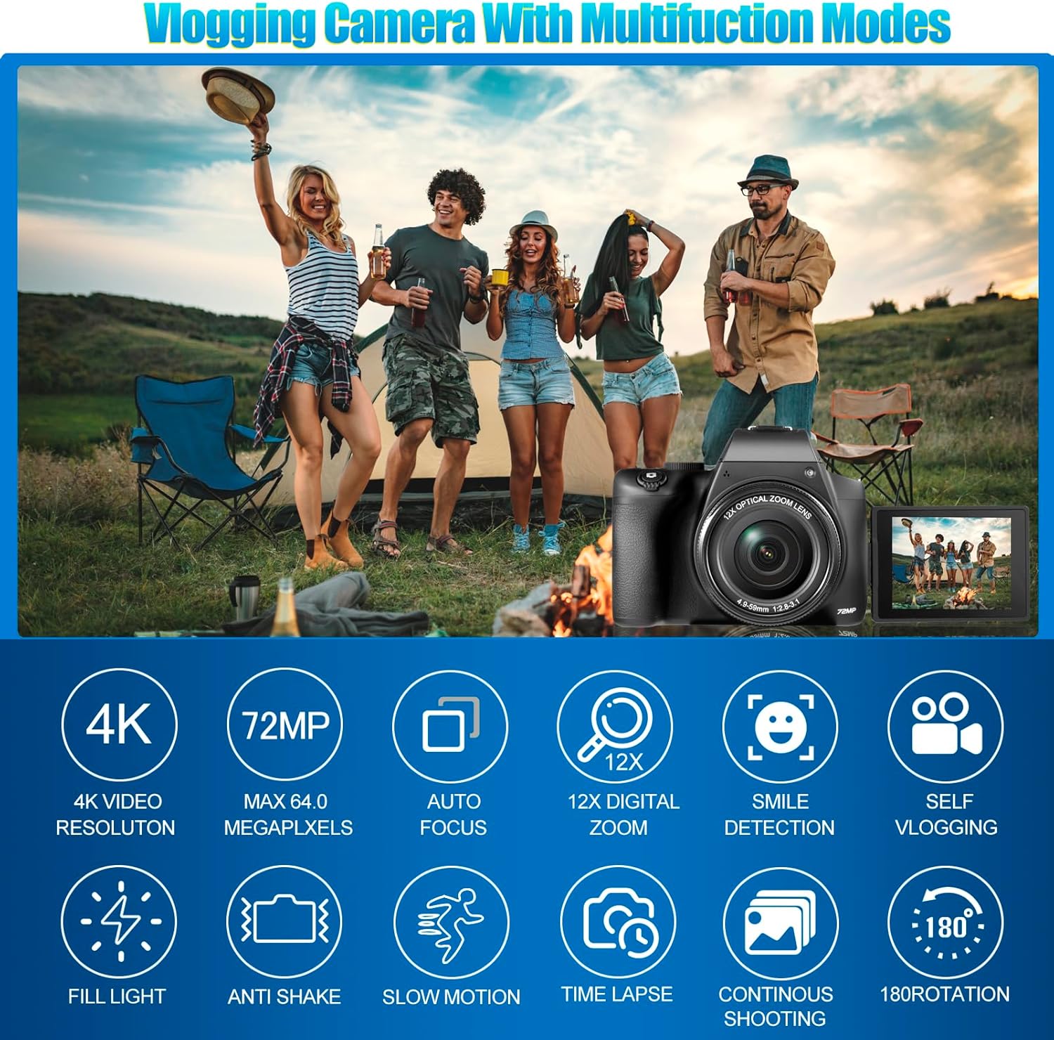 4K Digital Camera for Photography - 12X Optical Zoom 72MP Vlogging Camera for YouTube with 3" 270° Flip Screen, Autofocus Compact Camera with 2 Batteries 64GB SD Card, USB Card Reader & Charging Stand