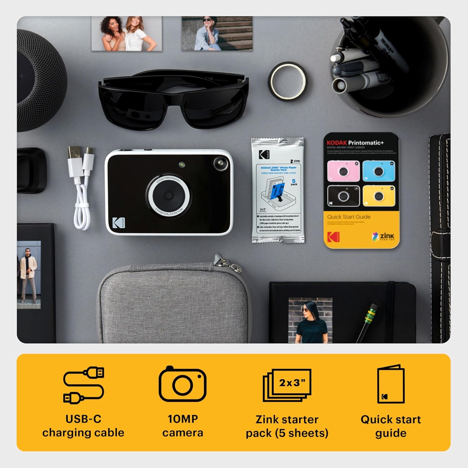 Kodak Printomatic+ Instant Print Digital Camera Starter Bundle + Carrying Case + Zink 20pk Sticky-Back Photo Paper - 10MP, Full-Color Photos, GB LED Status Indicator - Black