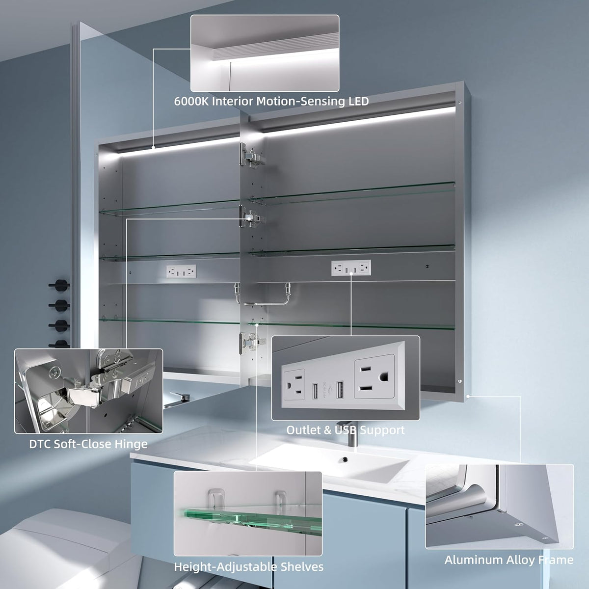 LED Medicine Cabinet Mirror, 24x30 Inch Bathroom Storage, Recessed/Wall Mount, Plug-in/Hardwired, 3 Color Dimmable Light, Anti-Fog, Time Temp Display, Left Hinge