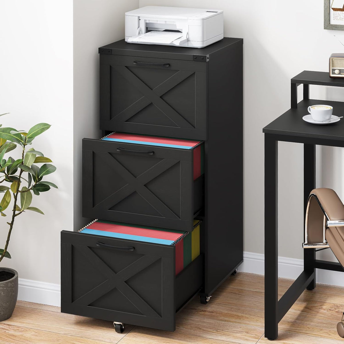 Halitaa 3 Drawer Tall File Cabinet with Wheels, Farmhouse Vertical Filing Cabinet Fits Letter/A4 Size, Rolling File Cabinets Wooden Printer Stand for Home Office, Black