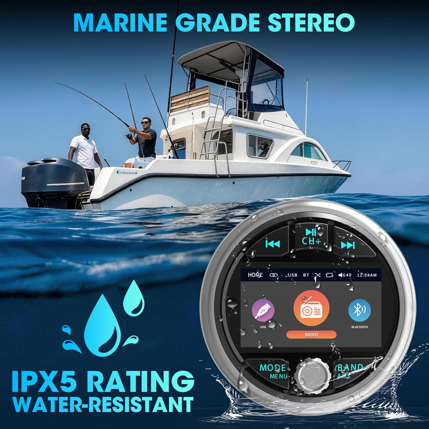 Bluetooth Marine Gauge Stereo System: Waterproof Boat Radio Receiver - 2.8 Inch LCD Display Digital Multimedia MP5 Player AM FM USB AUX Subwoofer 200 Watts Output