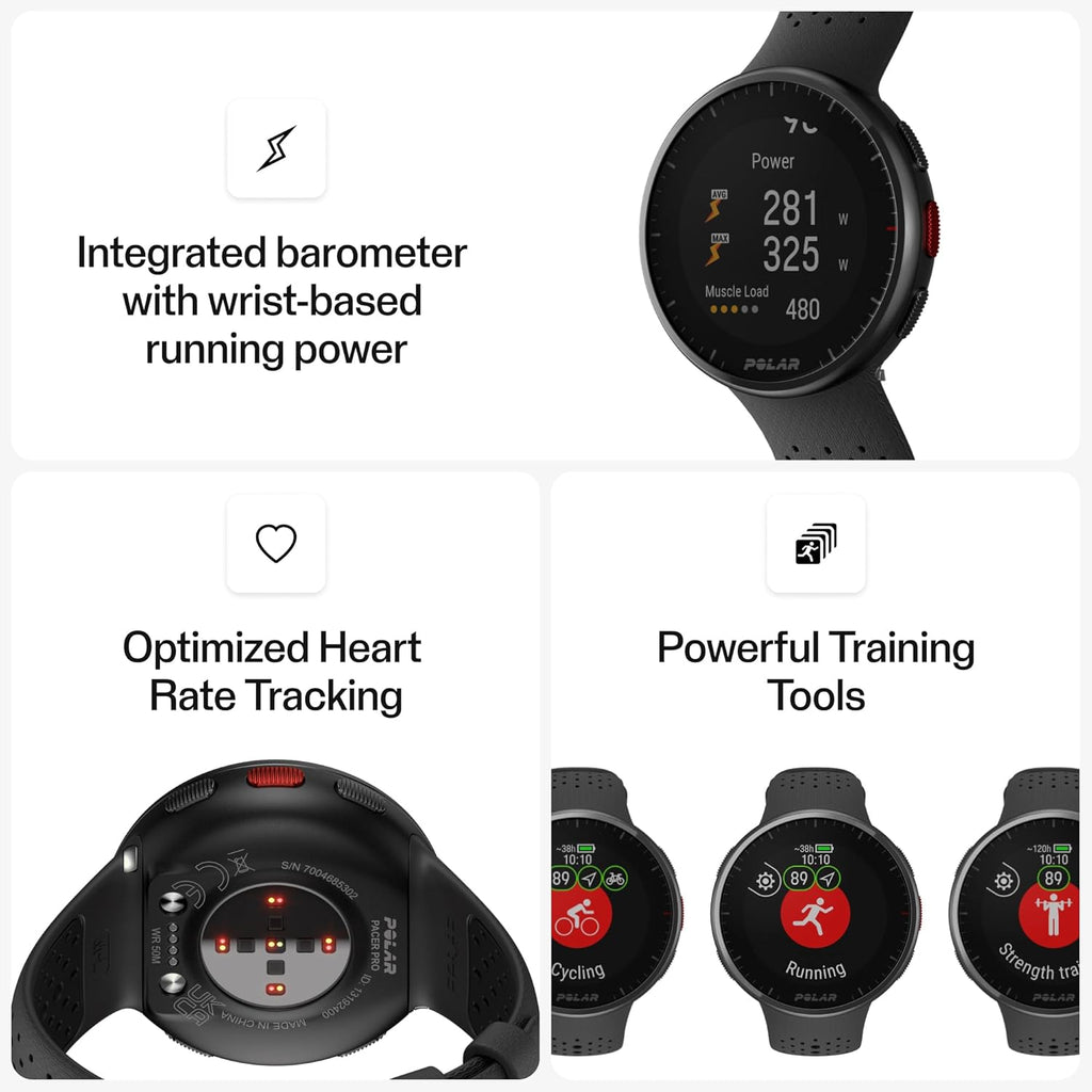 POLAR Pacer Pro Advanced Ultra-Light GPS Fitness Tracker Smartwatch for Runners with Training Program & Recovery Tools; S-L, for Men or Women, Grey-Black